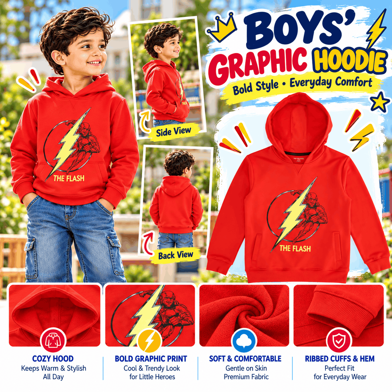 Kids Red Superhero Graphic Hoodie