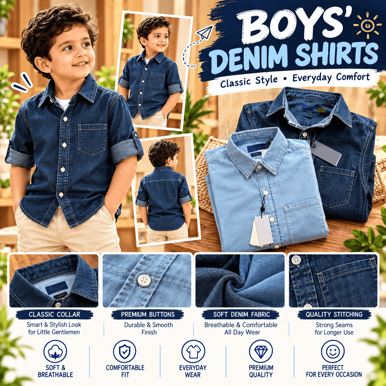 Kids Unisex Denim Collared Button Down Shirt Jacket
