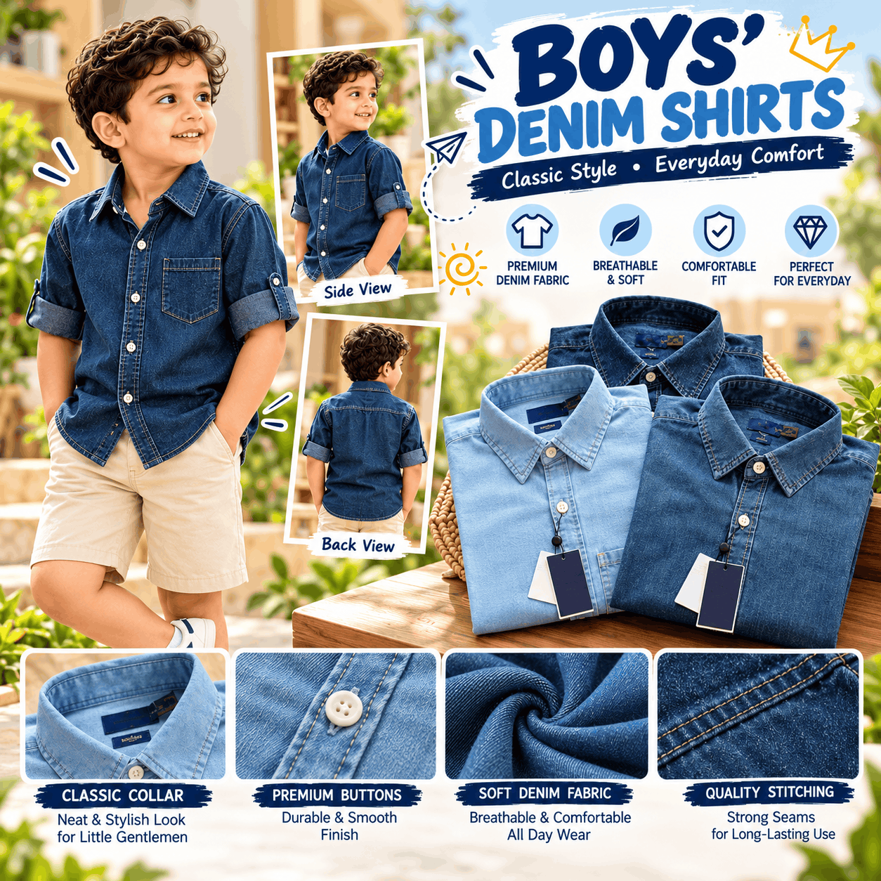Premium Cotton Kids Denim Shirt Set