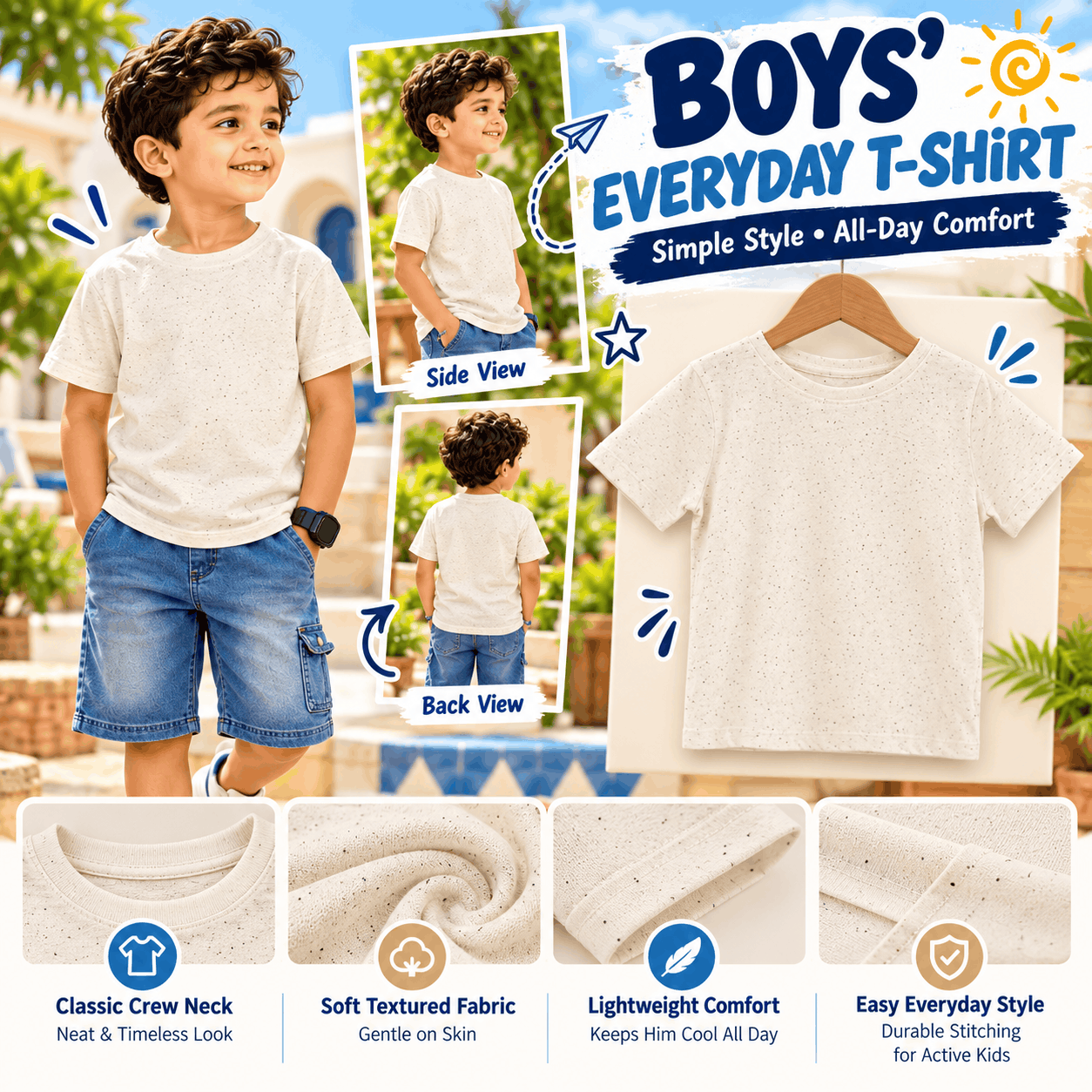 Kids Cream Fleck Textured Cotton T-Shirt