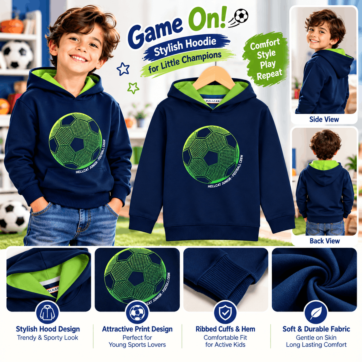 Boys Navy Football Graphic Print Pullover Hoodie