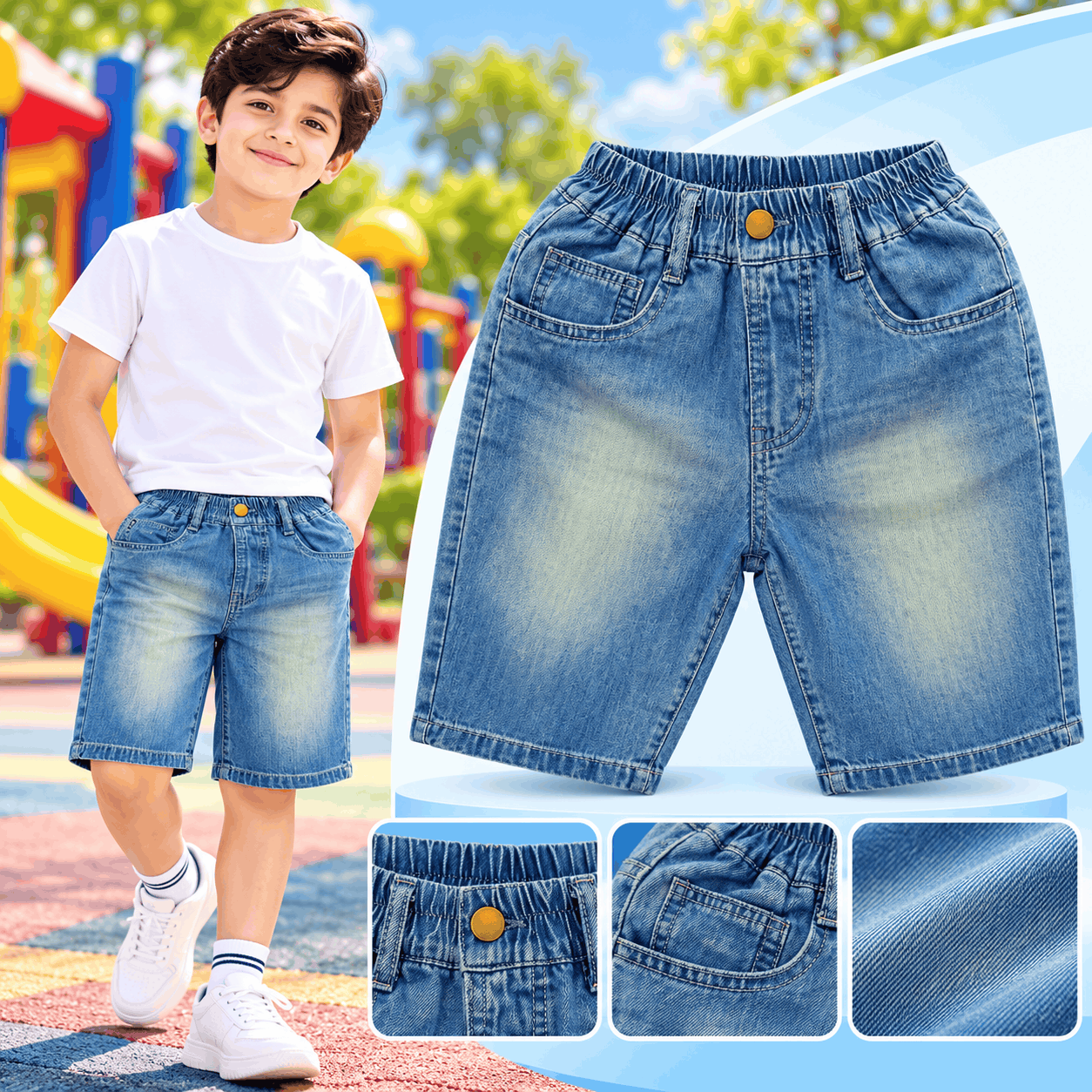 Premium Boys Elastic Waist Washed Denim Shorts