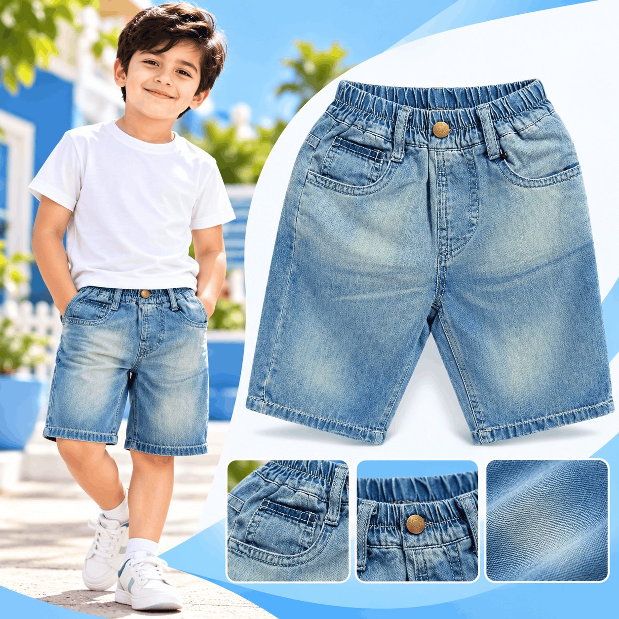 Boys Light Blue Washed Elastic Waist Denim Shorts
