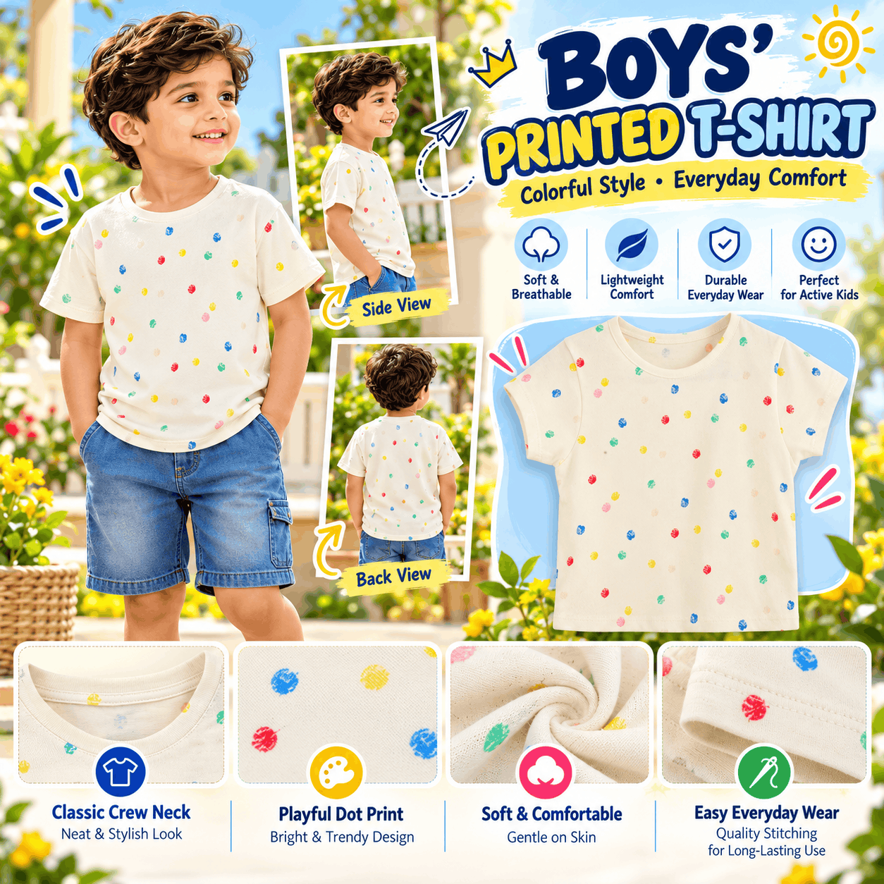 Kids Cream Multicolour Polka Dot Cotton T-Shirt
