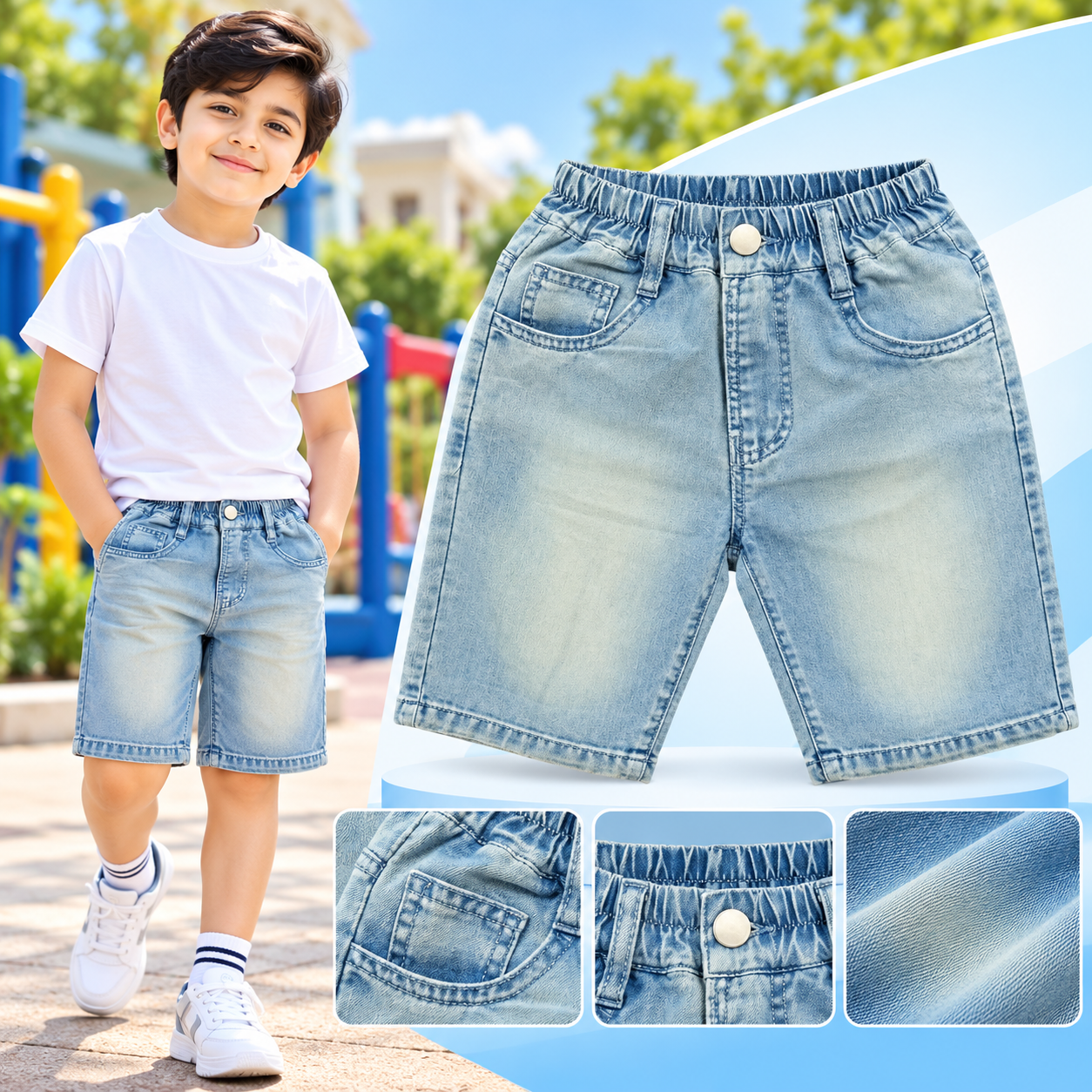 Boys Light Wash Elastic Waist Denim Shorts