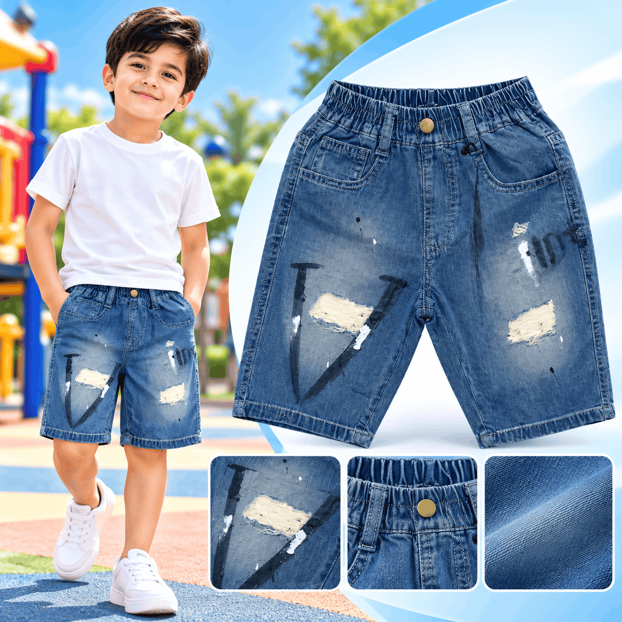 Boys Kids Baggy Fit Denim Shorts