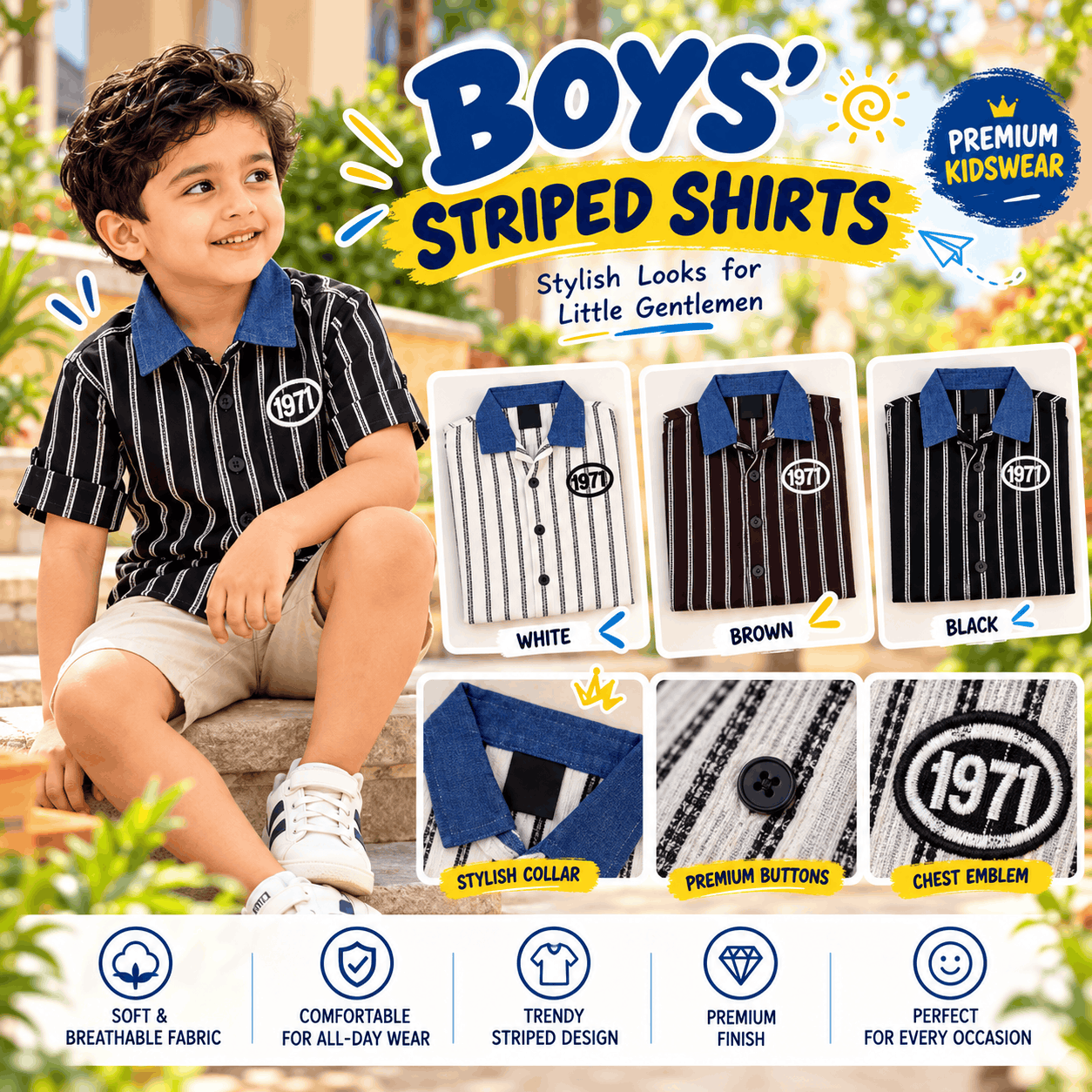 Boys Striped Cotton Casual Shirt with Denim Collar