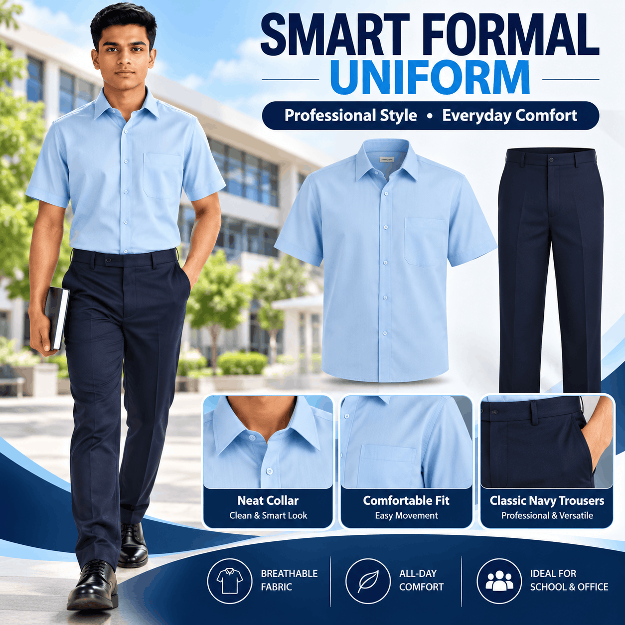 Men’s Light Blue Shirt & Navy Trouser Uniform Set
