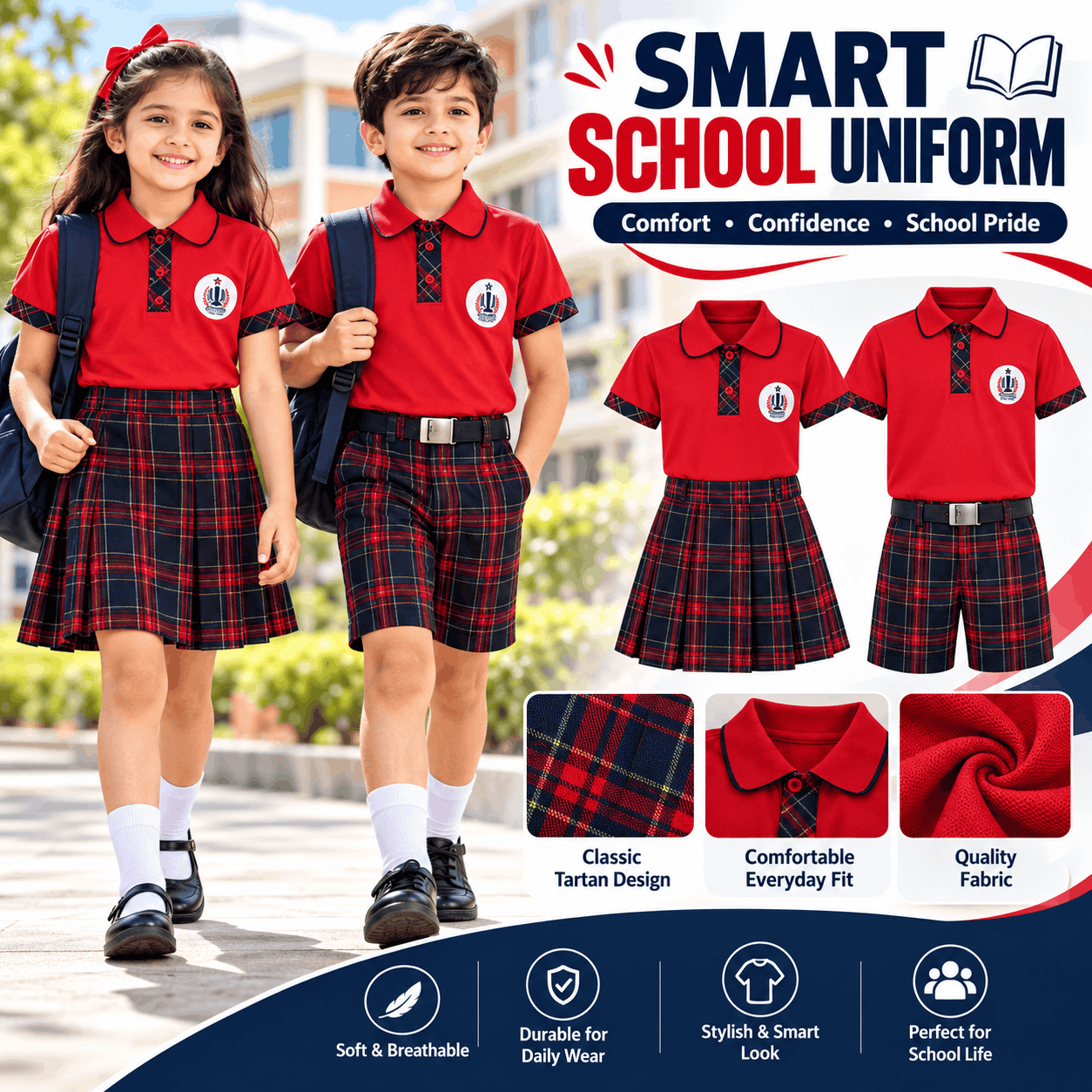 Kids Red Polo Collar Tartan Check School Uniform Set