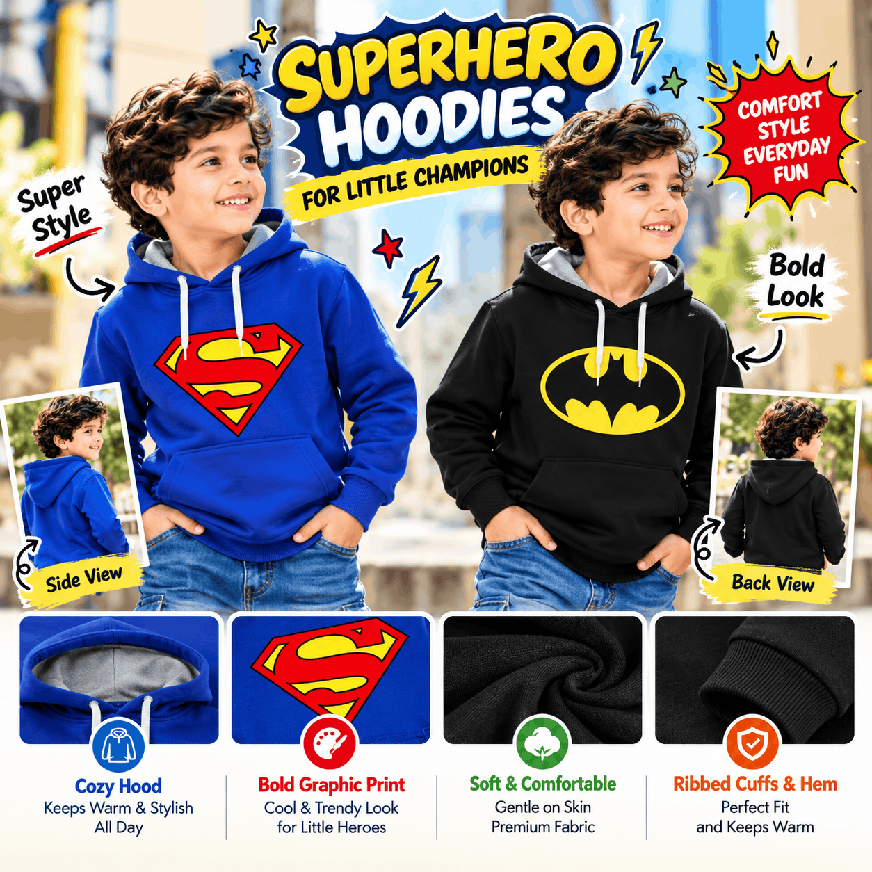 Kids Superhero Graphic Hoodie Set